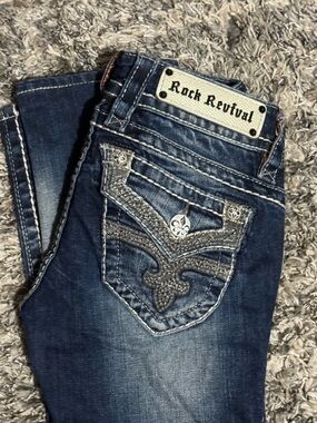Rock Revival Women's Dark Blue Bootcut Jeans with Embellished Pockets